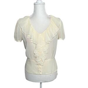 Vintage Old Navy Ruffle Front Sheer Ivory Blouse Secretary Sz M short sleeve